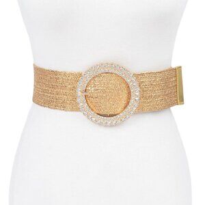 BNWT Rhinestone Buckle Metallic Gold Coated Faux Straw Elastic Belt Stretch Belt